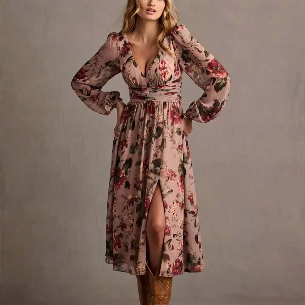 NWT Azazie Stevie Midi Dress Mauve Floral Elegant Fairycore Sheer Chiffon 12 - Picture 3 of 13